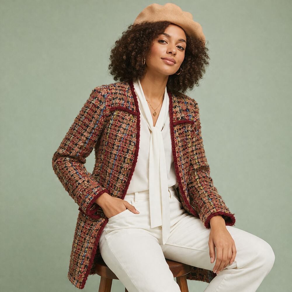 Anthropologie ETT:TWA Harlequin Tweed Blazer SZ XS Longline Textured Jacket